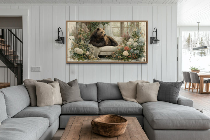 Bear on Couch Floral Canvas Wall Art