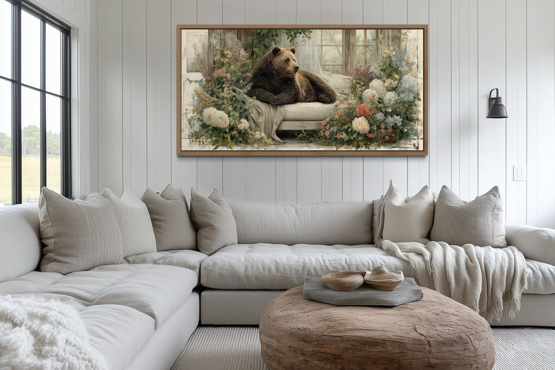 Bear on Couch Floral Canvas Wall Art