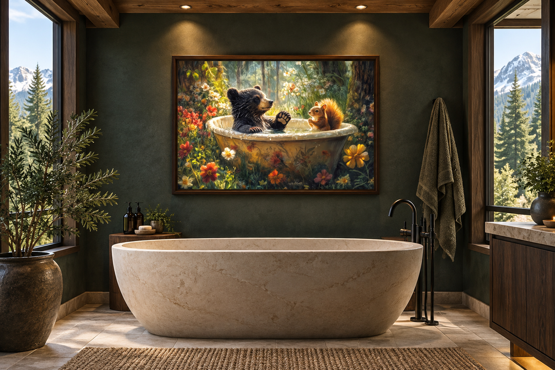 Framed canvas wall art of a bear and squirrel in a bathtub, hanging in a rustic bathroom.
