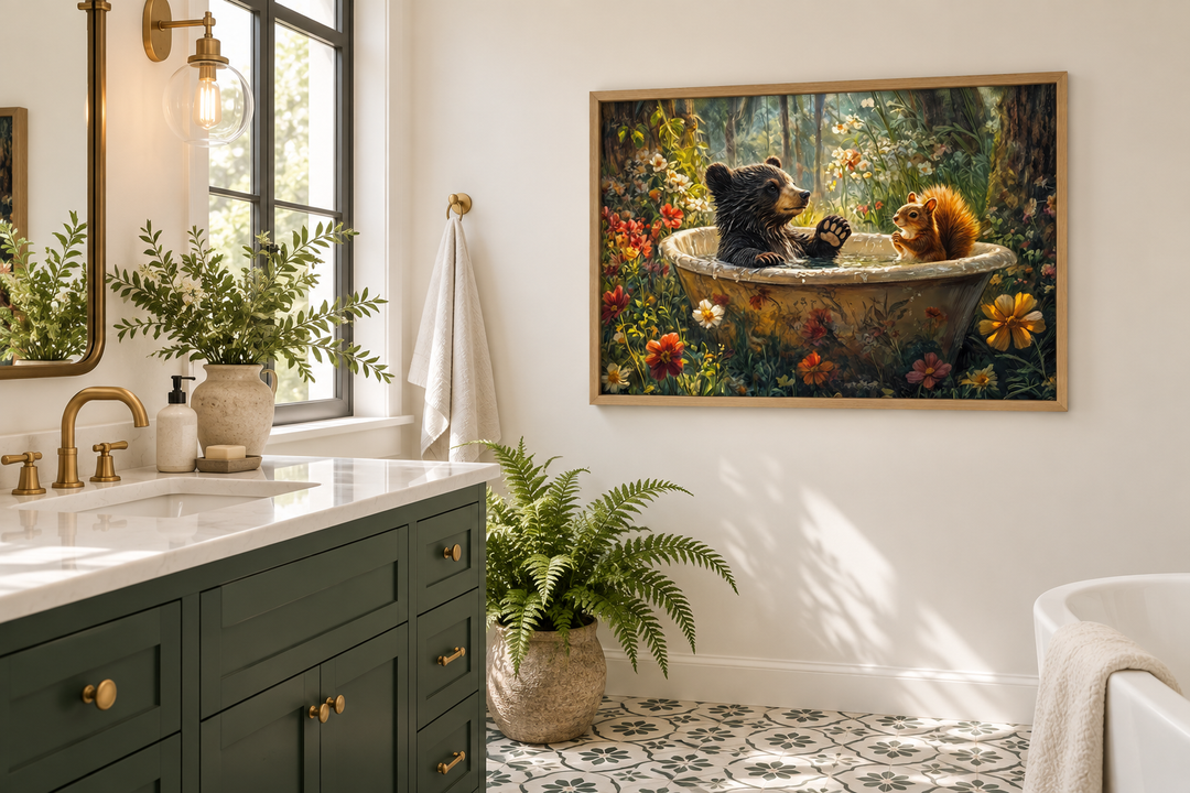 Framed canvas art of a bear and squirrel in a bathtub, hung in a green and white bathroom.