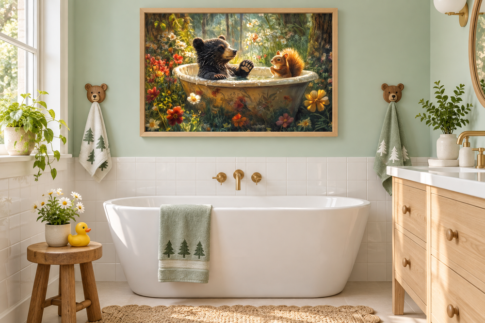 Bear and squirrel in a bathtub framed canvas wall art hanging above a white soaking tub.