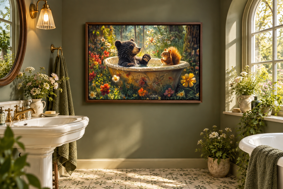 Framed canvas wall art of a bear and squirrel in a bathtub, hanging in a green bathroom.