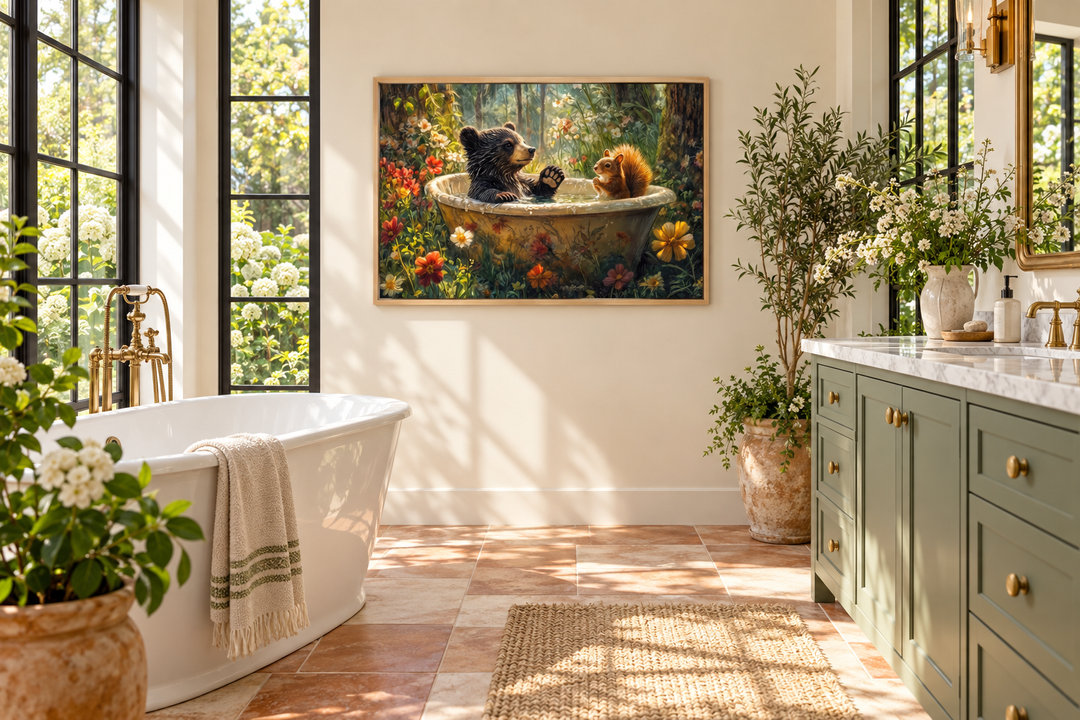 Framed canvas wall art of a bear and squirrel in a bathtub, hung in a bright, rustic bathroom.