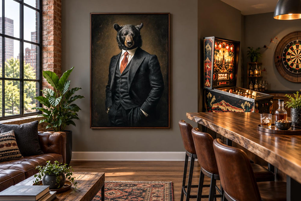 Bear Boss Wall Art: A framed canvas print of a bear in a suit hanging in a modern masculine lounge.