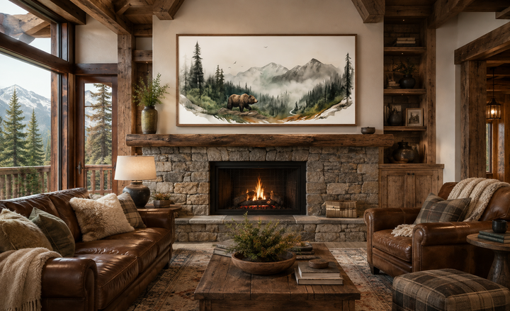 Framed watercolor painting of a bear in a mountain forest above a rustic stone fireplace.