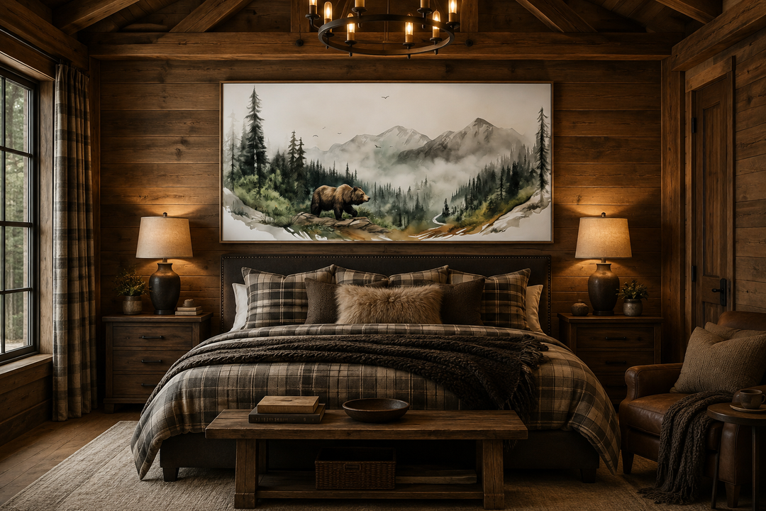 Bear in the forest mountain landscape wall art above a bed in a rustic cabin bedroom.
