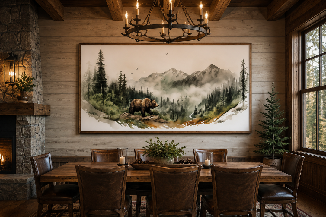 Bear in the forest mountain landscape watercolor wall art in a rustic dining room setting.