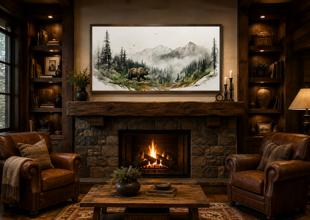Bear in the forest mountain landscape wall art above a fireplace in a rustic cabin living room.