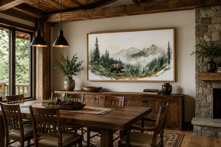 Framed watercolor wall art of a bear in a mountain forest above a rustic wooden sideboard.