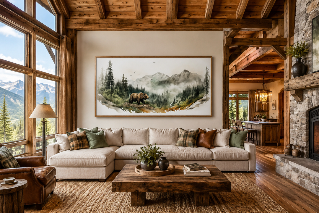Bear in the forest mountain landscape watercolor wall art in a rustic cabin living room.