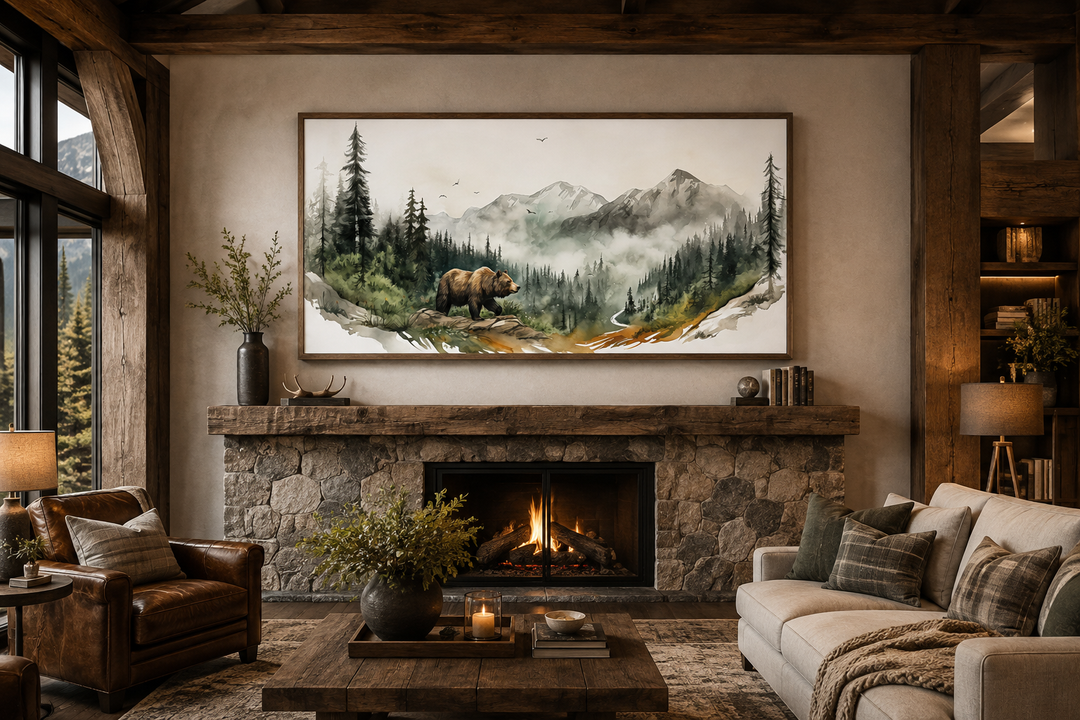 Bear in the forest mountain landscape watercolor wall art above a rustic stone fireplace.