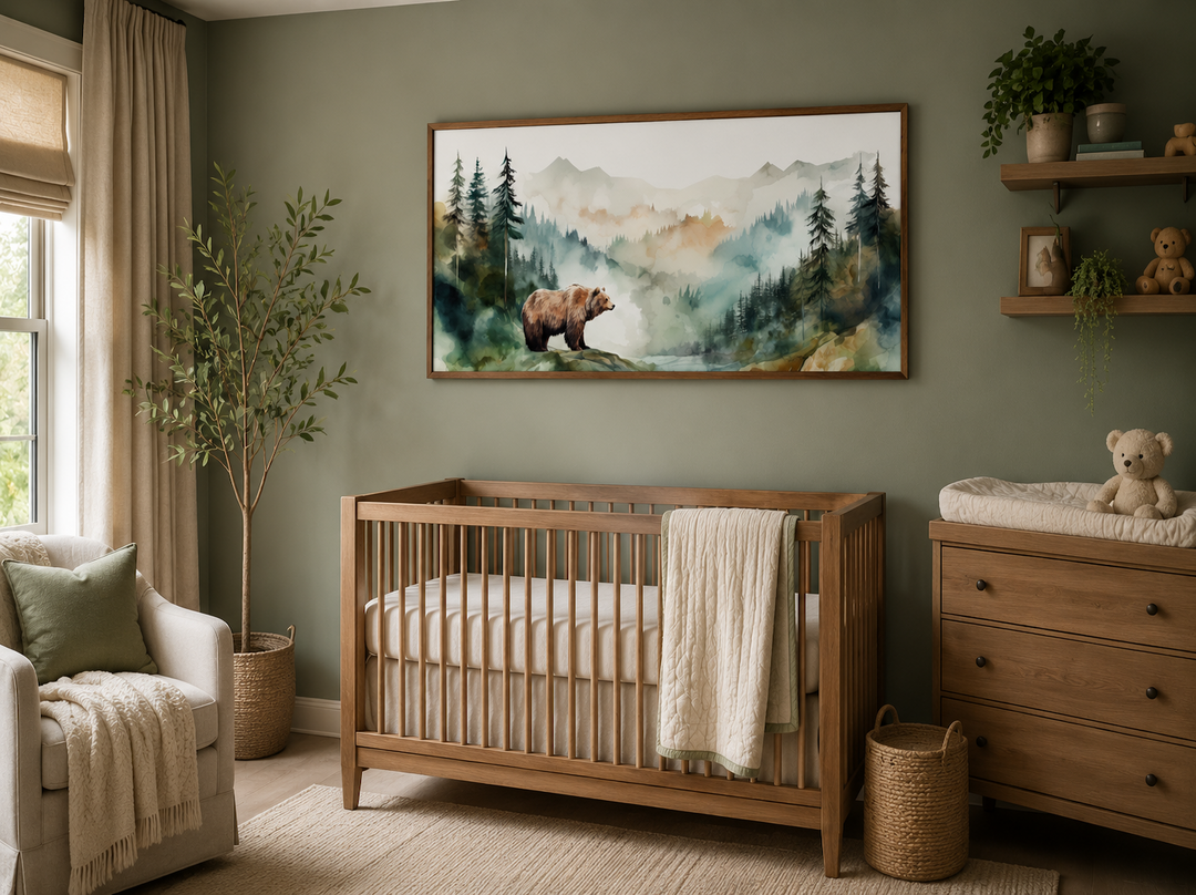 Bear in the wilderness forest watercolor framed canvas wall art hanging above a wooden crib.