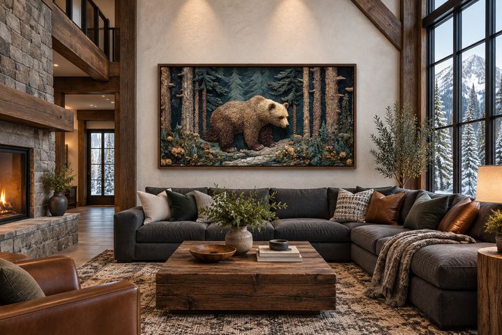 Bear In The Forest vintage tapestry style framed canvas wall art above a sofa in a rustic cabin.