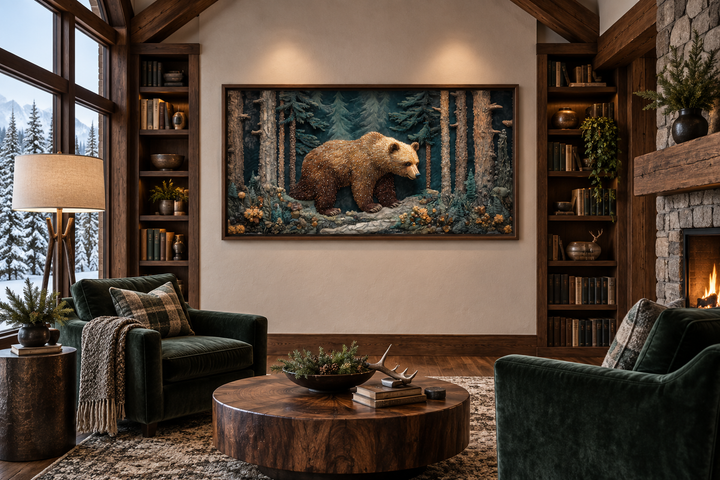 Bear In The Forest Vintage Tapestry Style Framed Canvas Wall Art in a rustic living room.