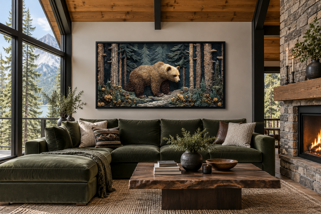 Bear In The Forest vintage tapestry style framed canvas wall art above a green velvet sofa.