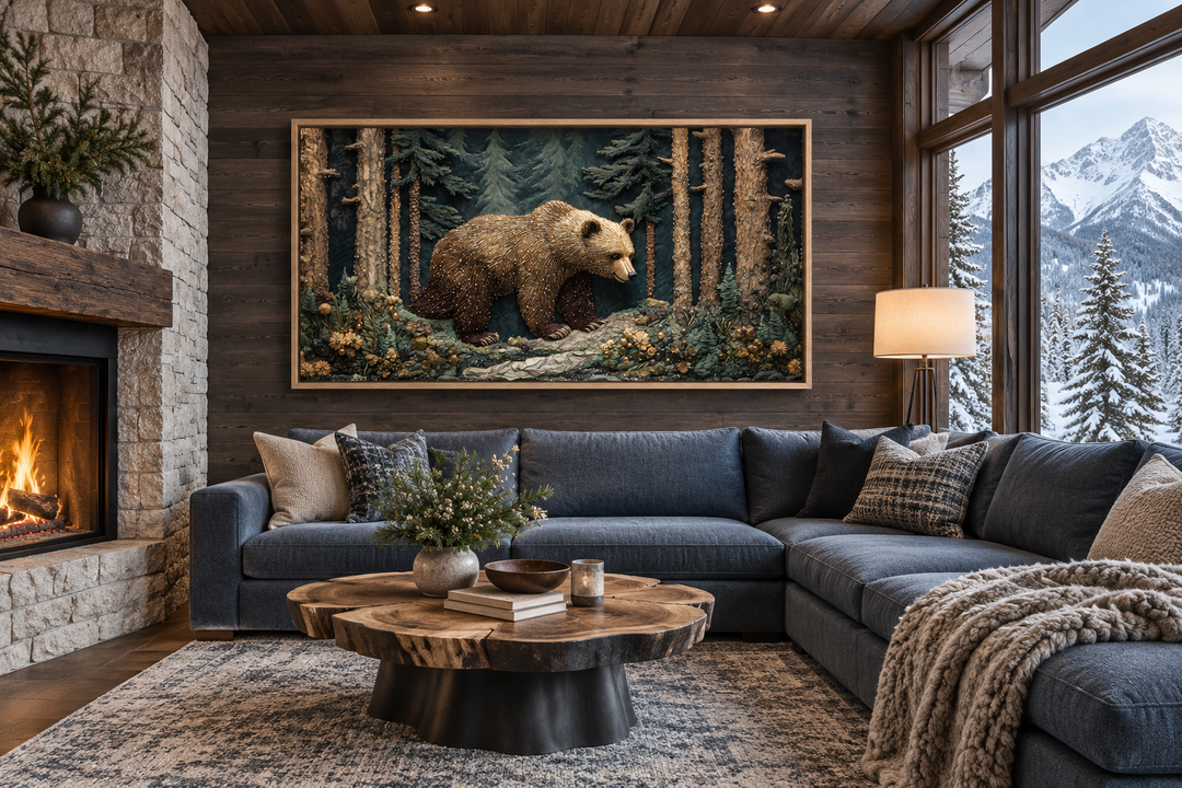 Bear In The Forest vintage tapestry style framed canvas wall art above a sofa in a rustic cabin.