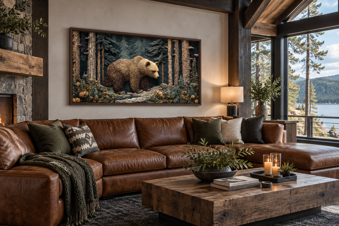 Bear In The Forest Vintage Tapestry Style Framed Canvas Wall Art above a brown leather sofa.