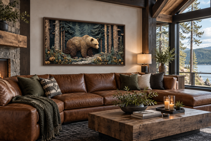 Bear In The Forest Vintage Tapestry Style Framed Canvas Wall Art above a brown leather sofa.