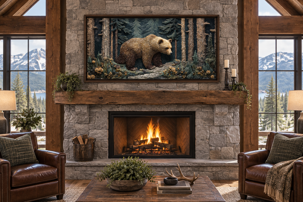 Bear in the forest vintage tapestry style framed canvas wall art above a stone fireplace.