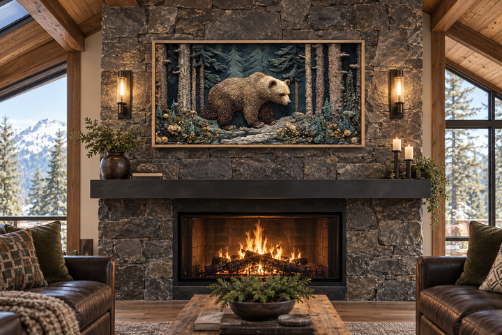 Bear in the forest vintage tapestry style framed canvas wall art above a stone fireplace.