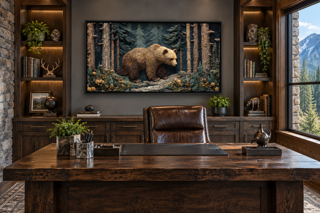 Framed bear in the forest tapestry-style canvas wall art above a rustic wooden desk in a home office.