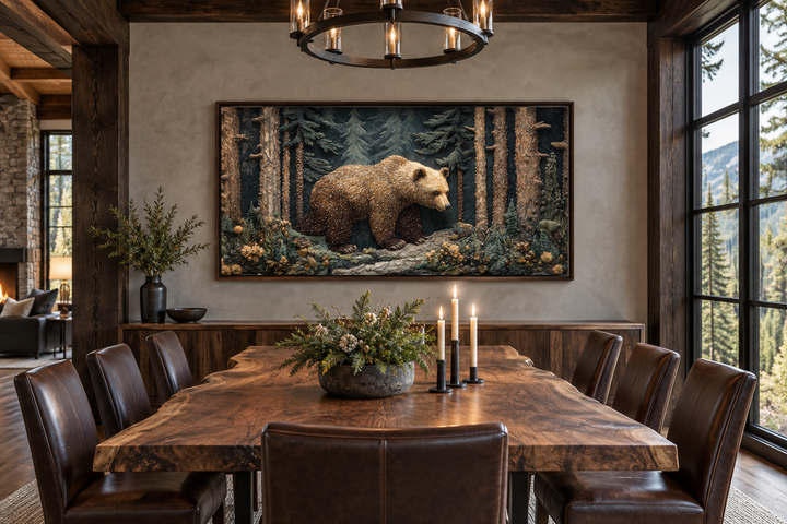 Framed bear in the forest vintage tapestry style canvas wall art above a rustic dining table.