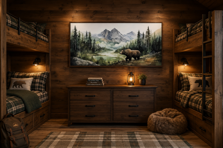 Large bear watercolor painting on canvas in a rustic cabin bedroom with wooden bunk beds.