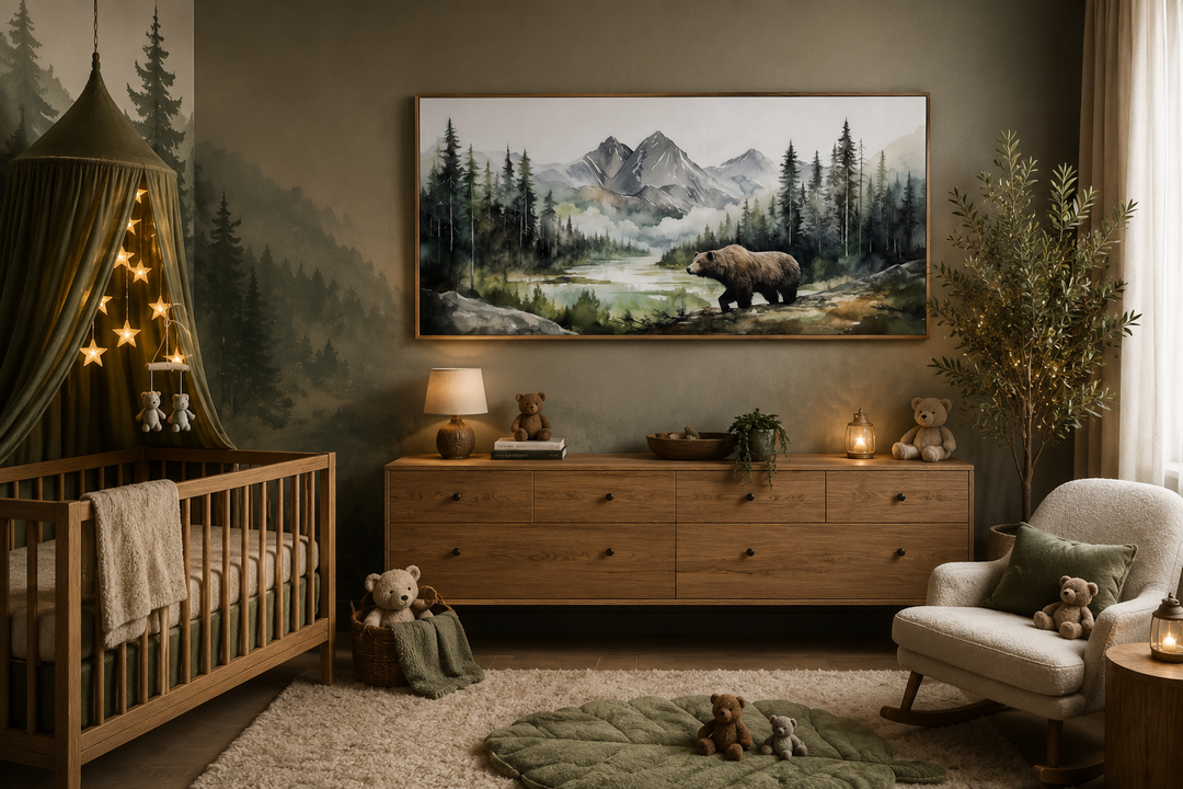 Large watercolor canvas of a bear in a mountain forest, framed above a dresser in a rustic nursery.