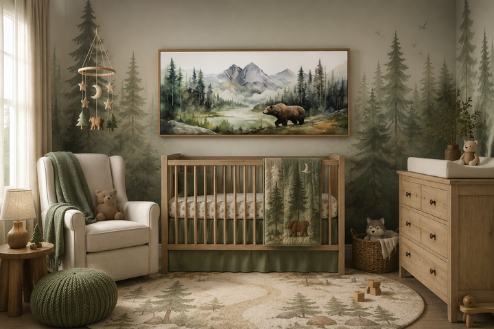 Large horizontal watercolor painting of a bear in a mountain forest, framed above a wooden crib.