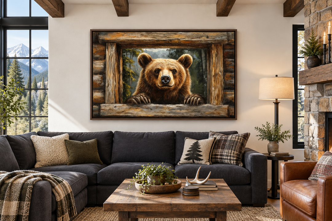 Bear looking through a cabin window canvas wall art hanging in a rustic living room.