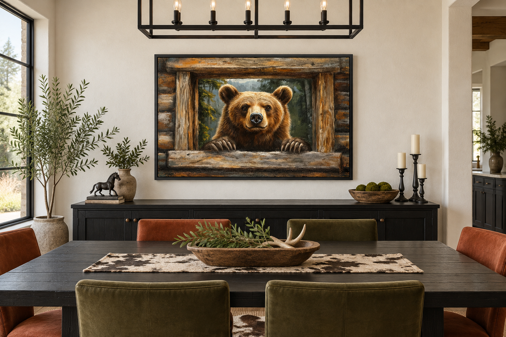 Bear looking through a cabin window canvas wall art in a rustic dining room setting.