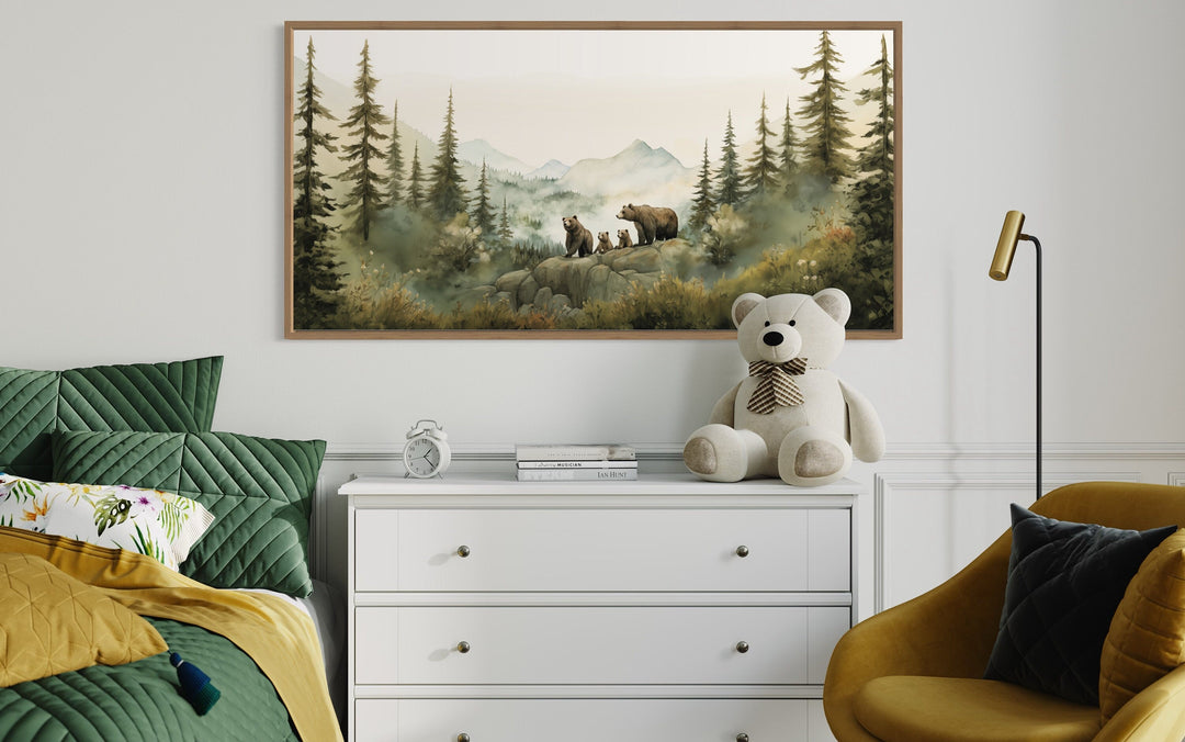 Bears Family With Cubs In The Forest Watercolor Nursery Wall Art