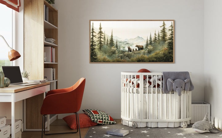 Bears Family With Cubs In The Forest Watercolor Nursery Wall Art