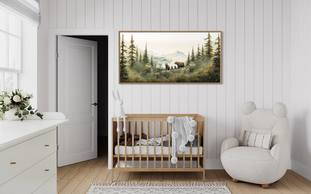 Bears Family With Cubs In The Forest Watercolor Nursery Wall Art