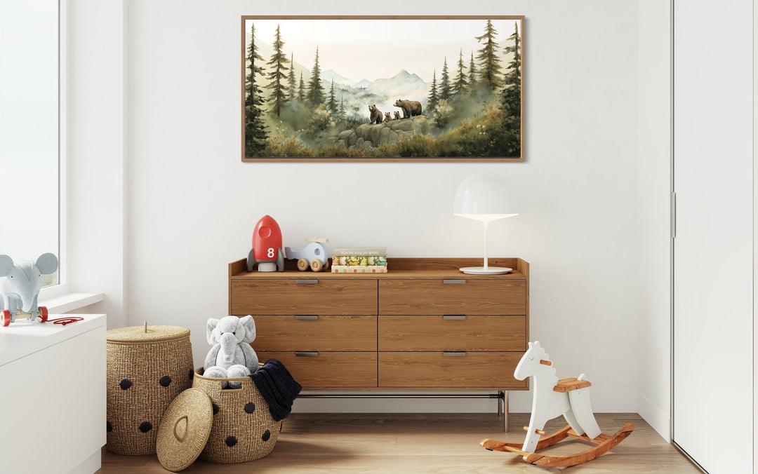 Bears Family With Cubs In The Forest Watercolor Nursery Wall Art