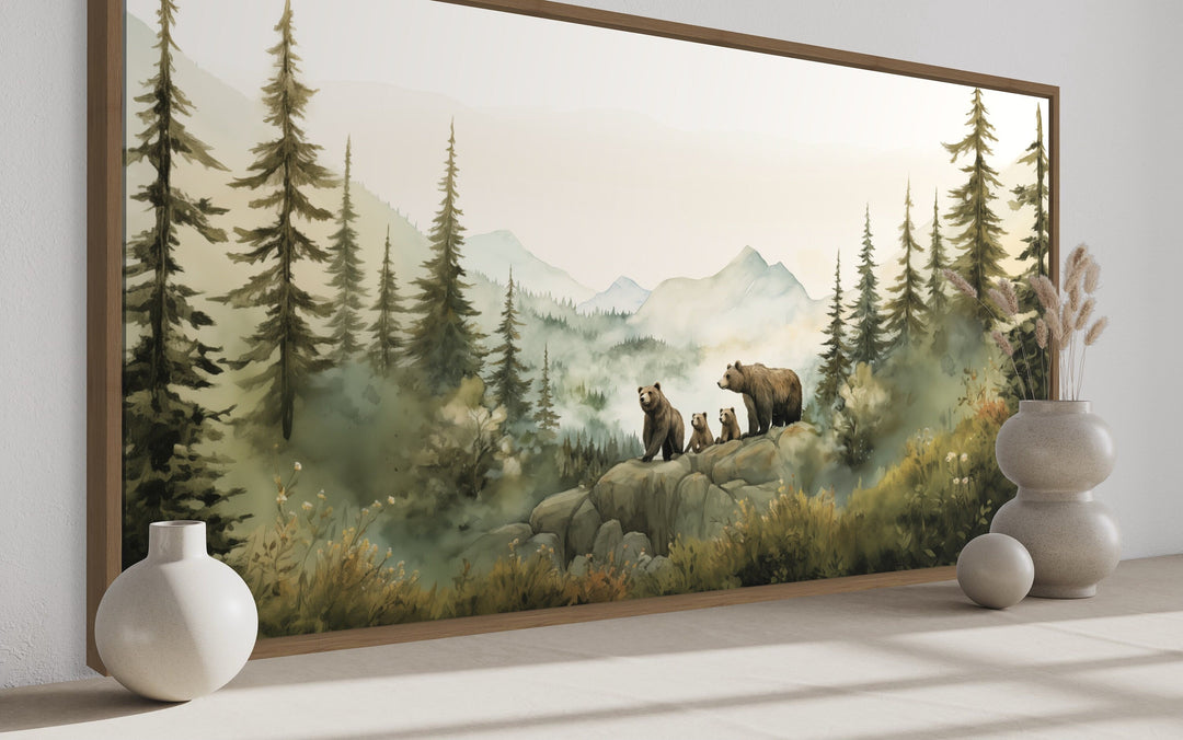 Bears Family With Cubs In The Forest Watercolor Nursery Wall Art