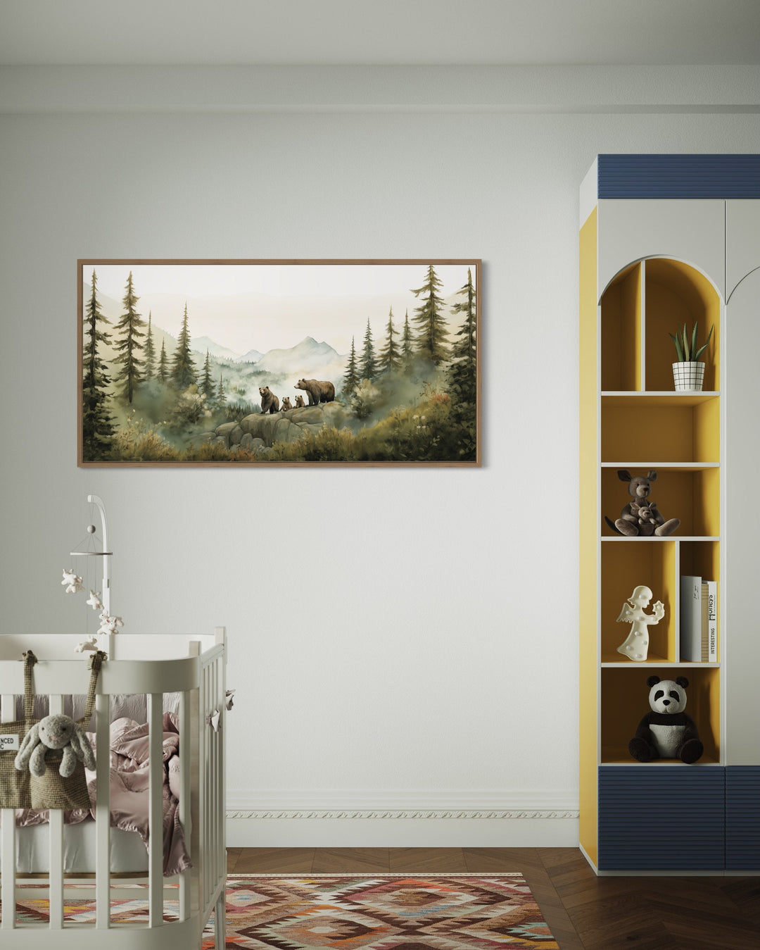 Bears Family With Cubs In The Forest Watercolor Wall Art in nursery