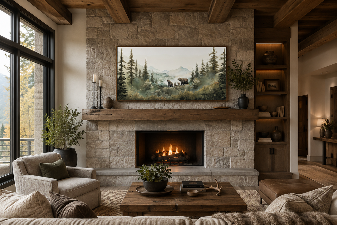 Bears family with cubs in a forest watercolor wall art framed above a stone fireplace.