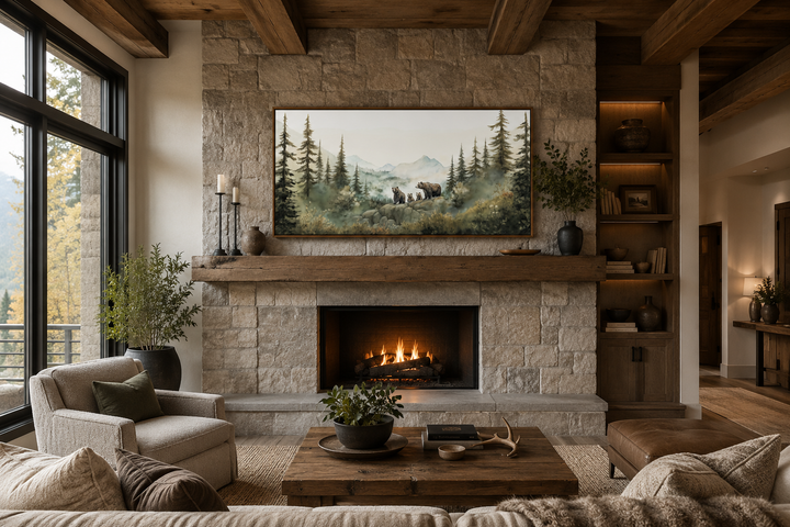 Bears family with cubs in a forest watercolor wall art framed above a stone fireplace.