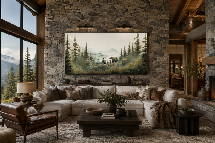Bears family with cubs in a forest watercolor wall art hanging above a sofa in a rustic living room.