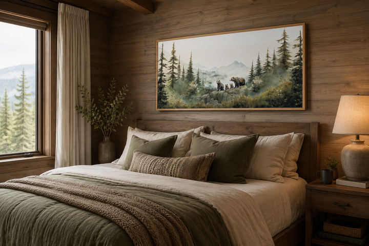 Bears family with cubs in a forest watercolor painting framed above a bed in a rustic room.