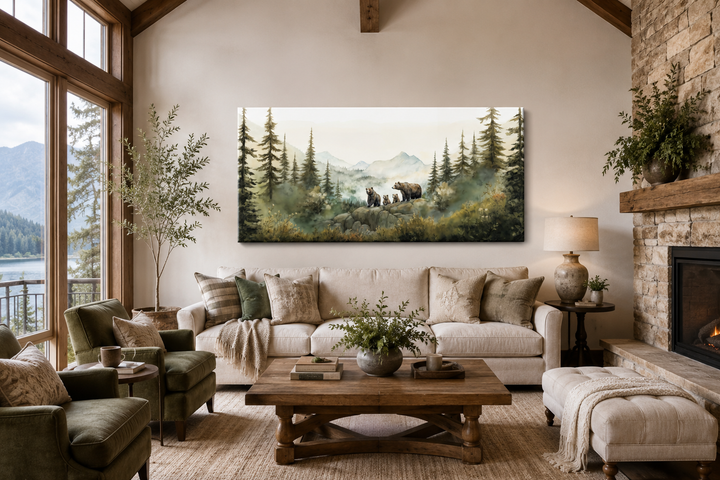Bears family with cubs in a forest watercolor wall art hanging above a sofa in a rustic living room.