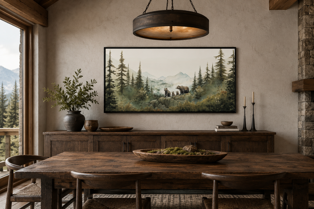 Bears family with cubs in a forest watercolor wall art framed above a wooden sideboard.