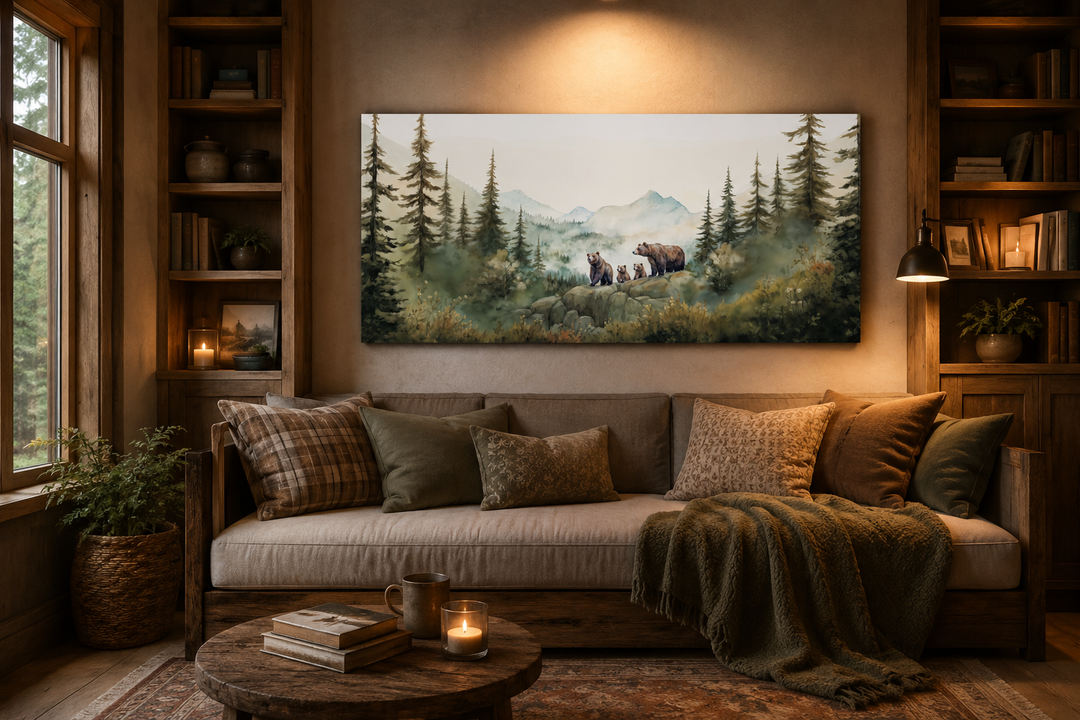Bears family with cubs in a forest watercolor painting on canvas above a cozy living room sofa.