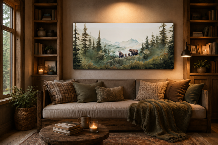 Bears family with cubs in a forest watercolor painting on canvas above a cozy living room sofa.