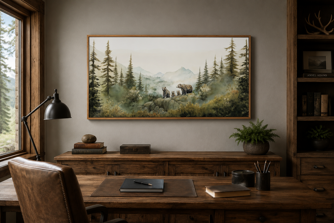 Framed watercolor wall art of a bear family with cubs in a misty forest above a wooden desk.