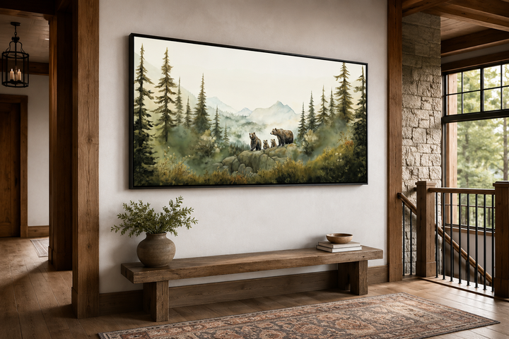 Bears family with cubs in a forest watercolor nursery wall art framed above a wooden bench.