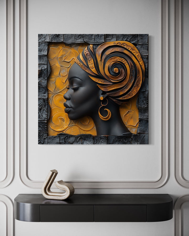 Beautiful African American Woman In Turban Modern Framed Canvas Wall Art