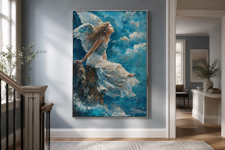Framed canvas art of a winged angel in a white dress sitting on a mountain among blue clouds.