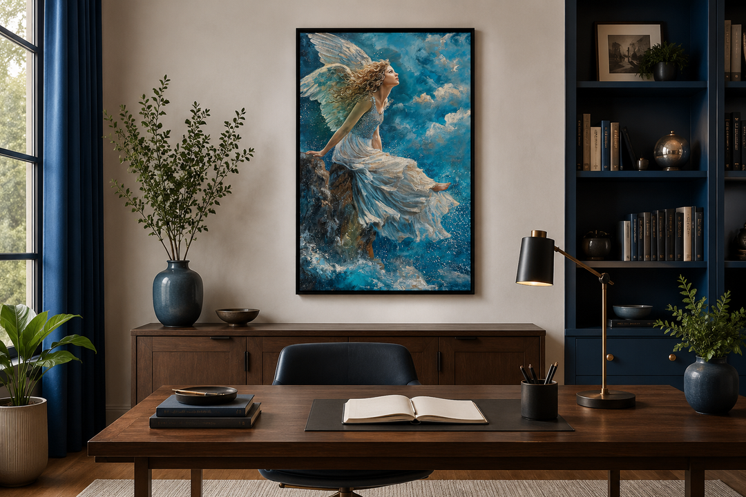 Framed Christian wall art of an angel in white robes sitting on a mountain among blue clouds.